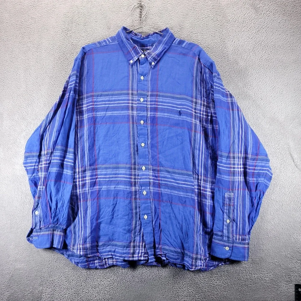 Polo Ralph Lauren Shirt Mens Big 2X Blue Linen Plaid RL Untucked Button Down